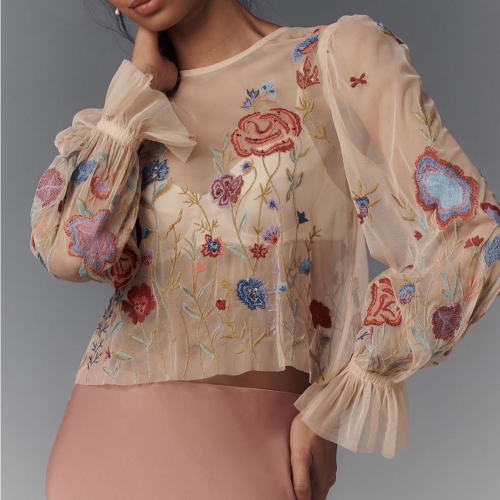 The Layla Long-Sleeve Appliqué Mesh Blouse